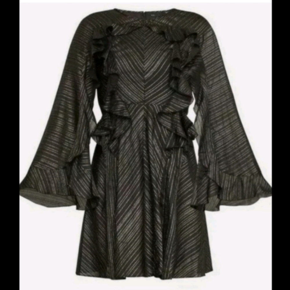 BCBG MAXAZRIA SIZE M Metallic Stripe Ruffle Bell Sleeve Dress NWT MSRP $348